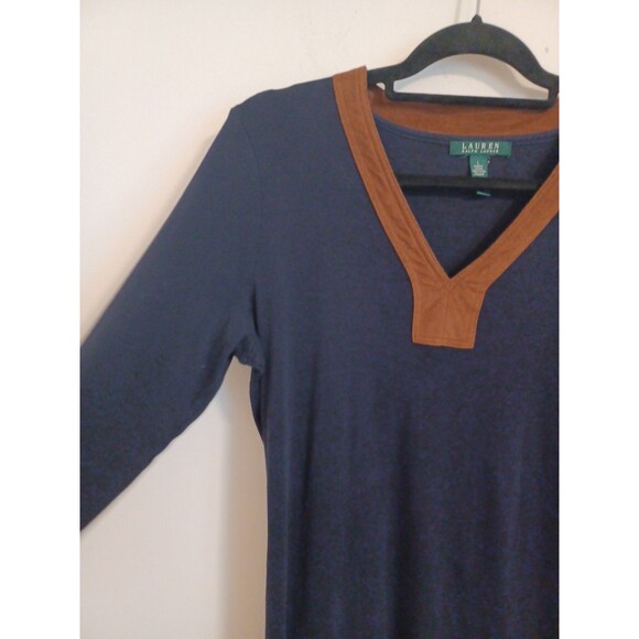 Lauren Ralph Lauren Faux Suede Trim Tunic Large Navy Blue Long Sleeve Preppy - Picture 7 of 7
